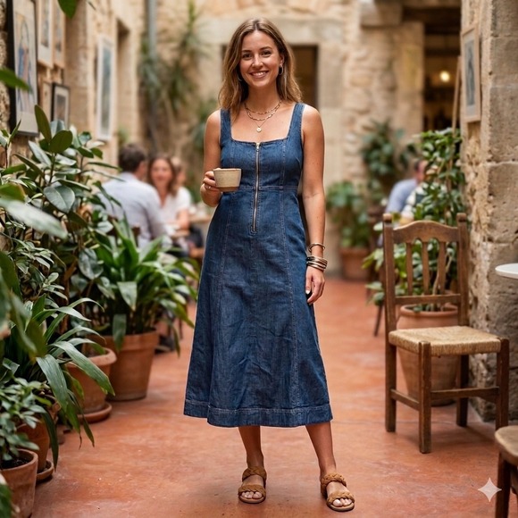 Old Navy Dresses & Skirts - Old Navy Women's M Denim Midi Dress Dark Wash Sleeveless Square Neck Preppy NEW